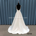 Simple Plain Style Sexy V Neck Illusion Backless Sleeveless White Bridal Wedding Gowns